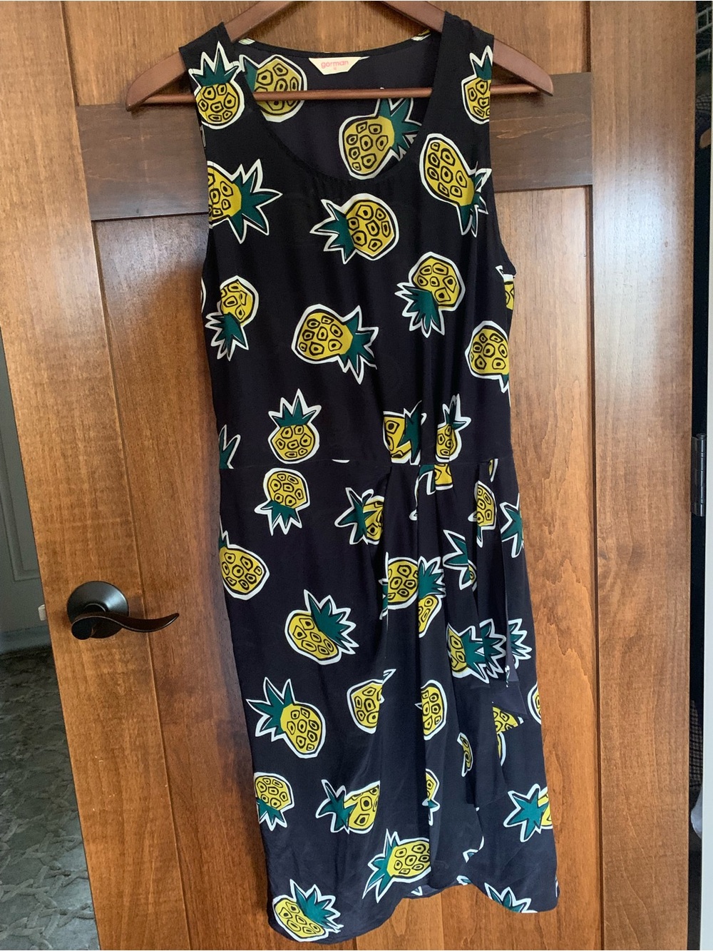 Gorman Black Silk Dress with Yellow & Green Pineapple Motif